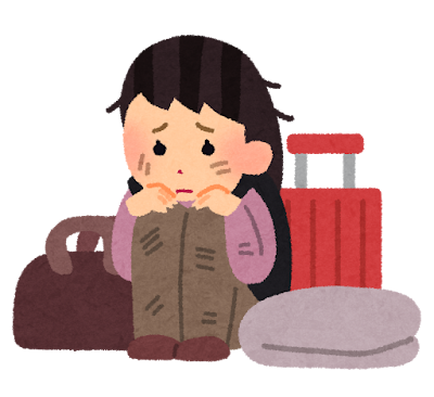 荷物のそばに座りこむ家出の女の子のイラスト