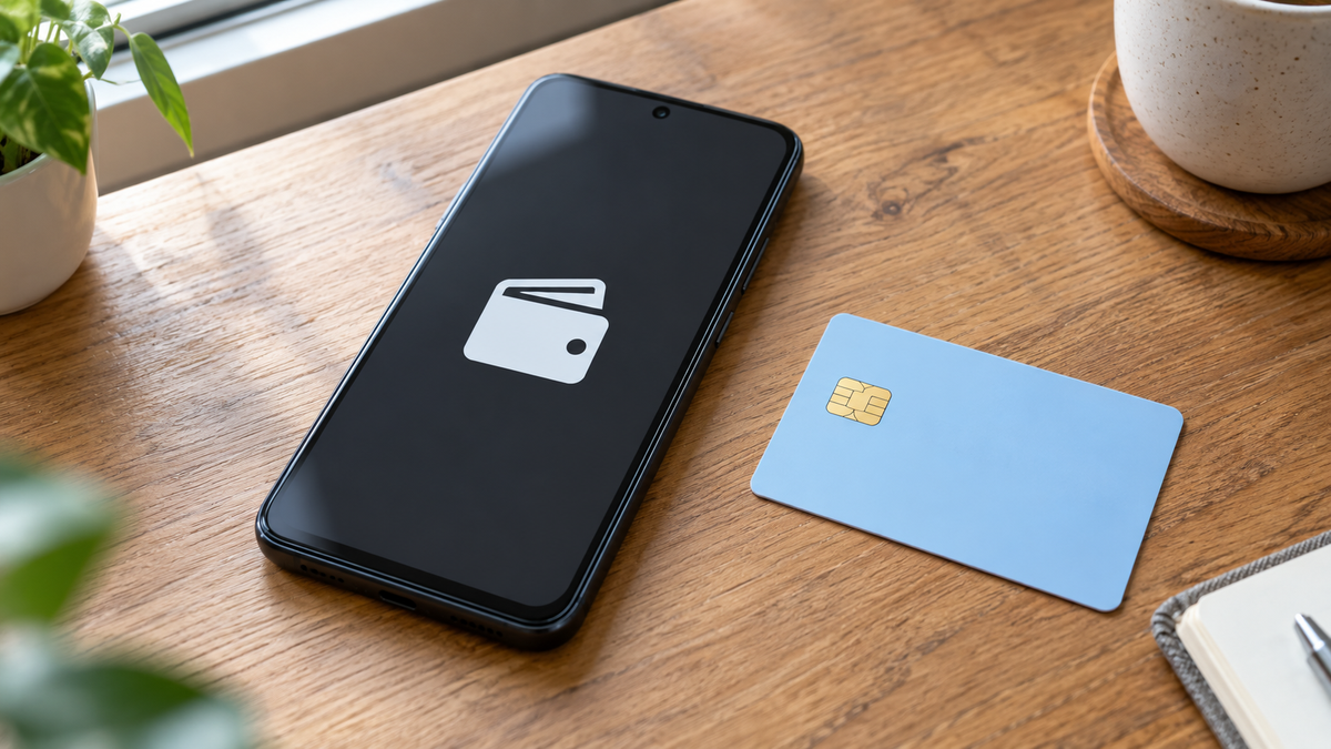 木の机の上に置かれたAndroidスマホと、ICチップの付いたカード