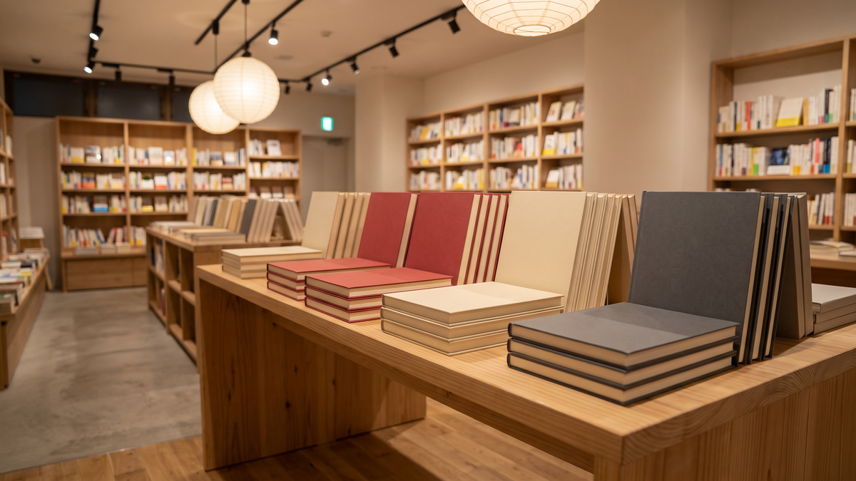 本屋さんの木の平台に、新しい本がいくつも並べられている場面