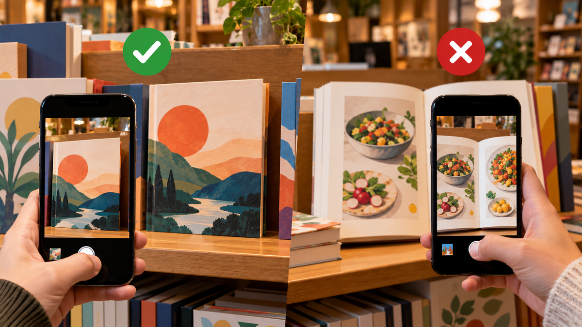 本屋で、本の表紙を撮る手元と、料理の本の中身を撮る手元