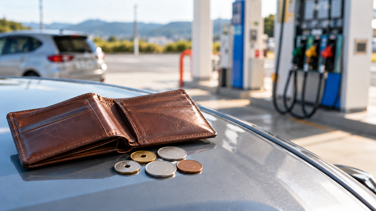 給油機のそばに置かれた財布と小銭