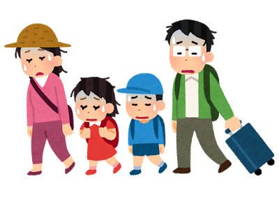 旅行で歩き疲れた家族のイラスト