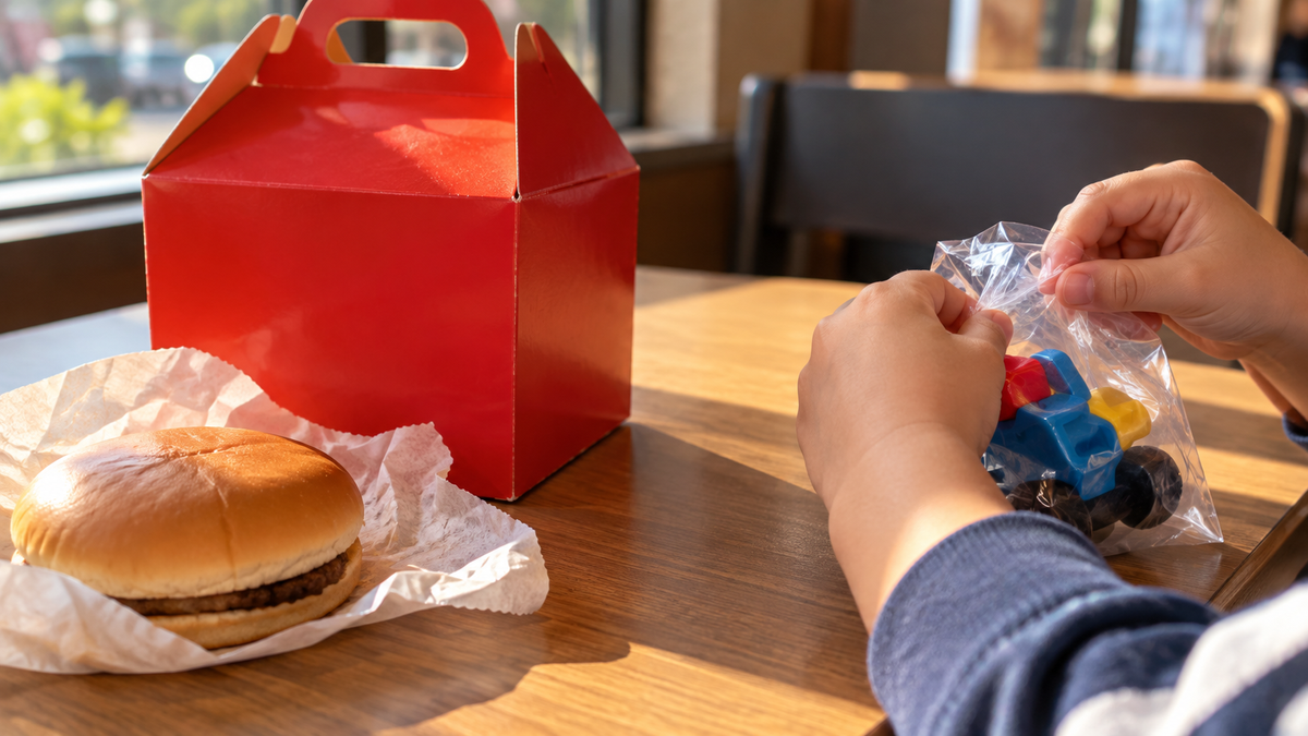 ハンバーガーのセットの横に置かれた小さなおもちゃの箱