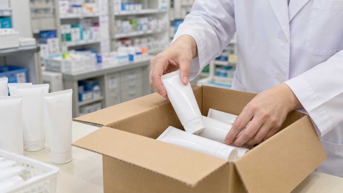 薬局の奥で、保湿剤のチューブを箱にまとめる手元