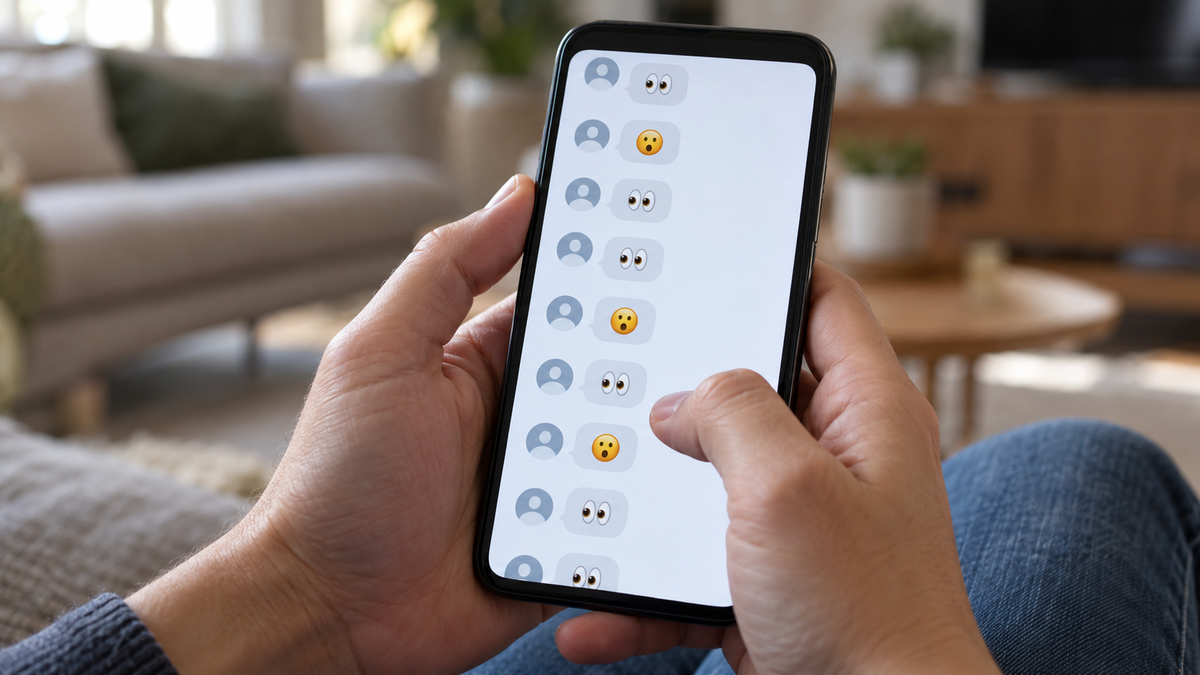 絵文字だけの返信が並ぶ画面をスクロールする手元