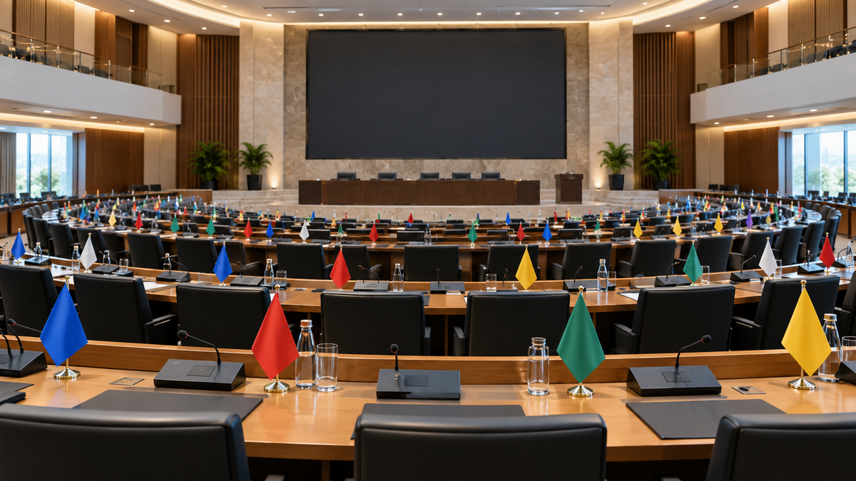 各国の代表の席が並ぶ国際会議の会場のイメージ
