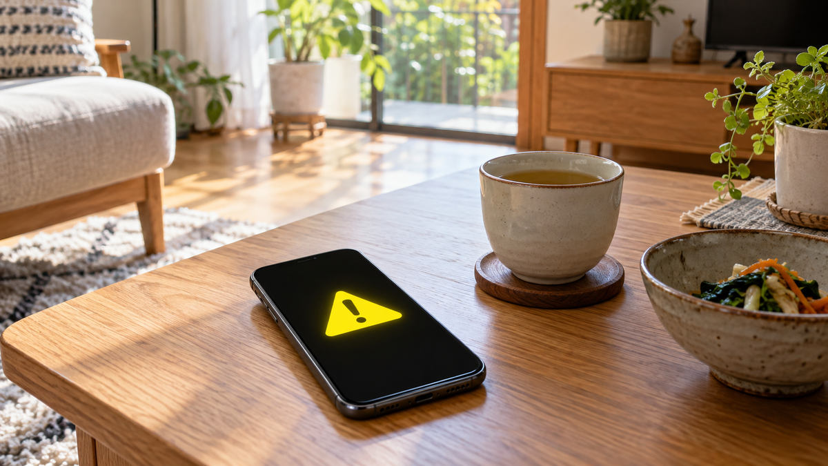 昼の部屋で、机の上のスマートフォンの画面に警告のマークが光っている