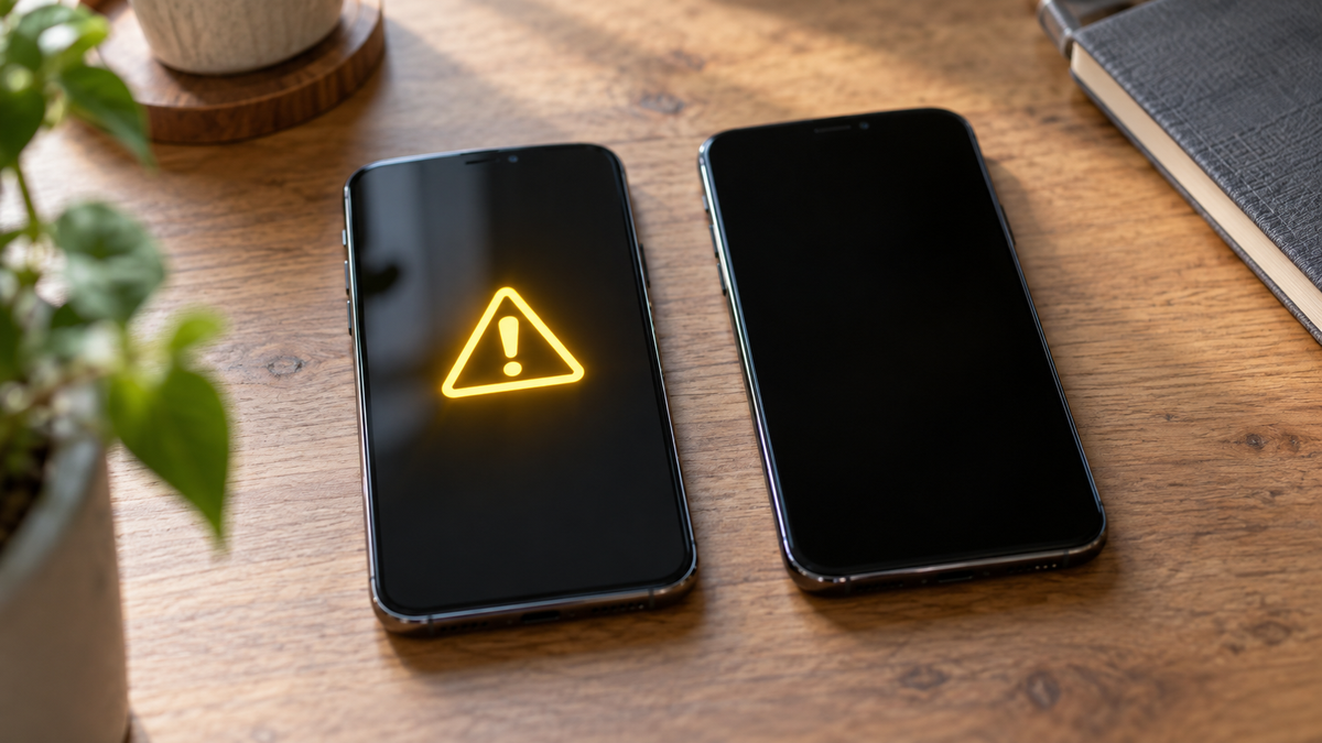 机の上に、画面の暗いスマートフォンと、通知の光っているスマートフォンが並んでいる