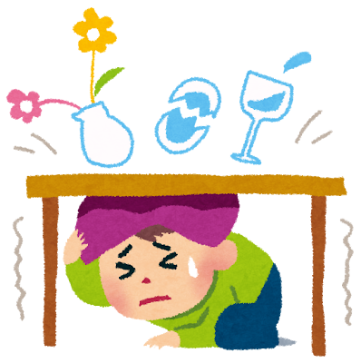 テーブルの下に避難する人のイラスト