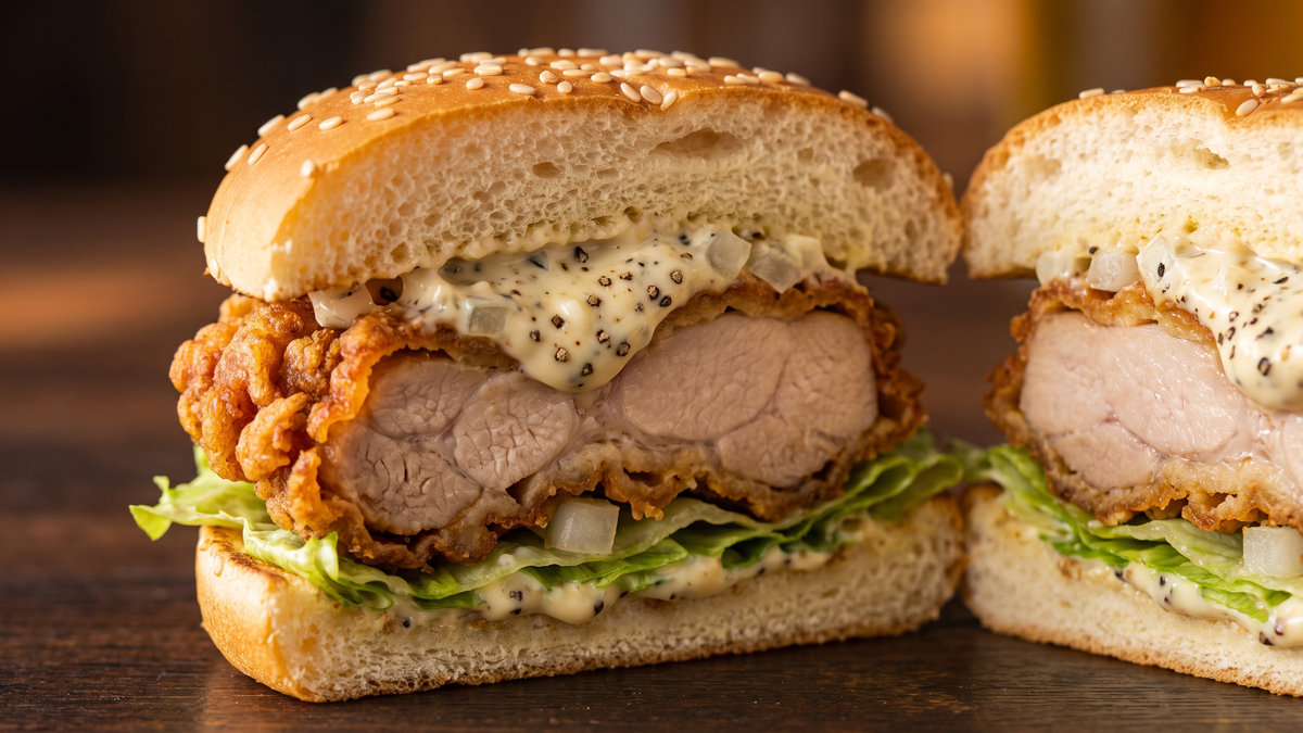 揚げたての鶏もも肉のチキンカツをはさんだ、ボリュームのあるチキンバーガーの断面