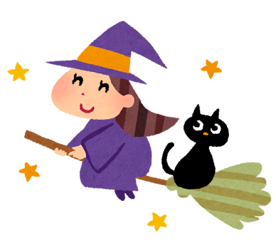ほうきに乗って飛ぶ魔女と黒猫のイラスト