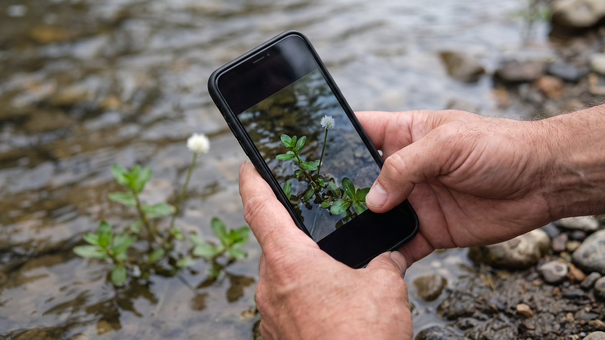 川のほとりで、水草の白い丸い花を、人がスマートフォンで撮影している場面