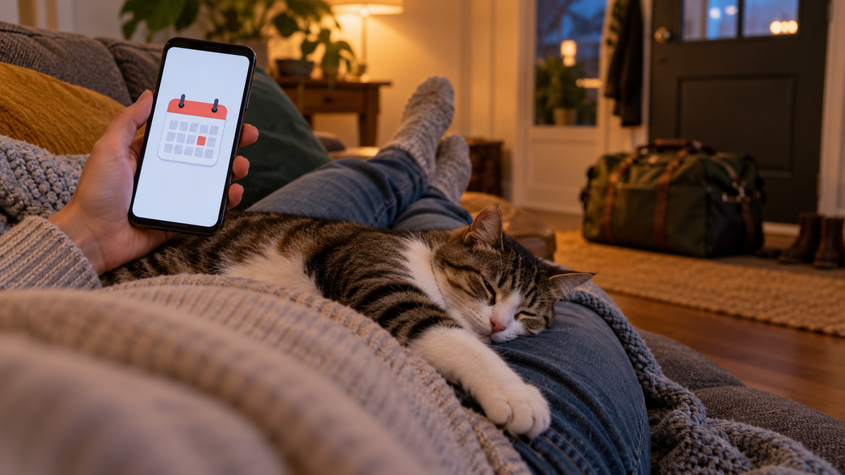ソファで横になってスマホを持つ手元と、ひざの上で寝る猫。奥には出かける用意をしたかばん