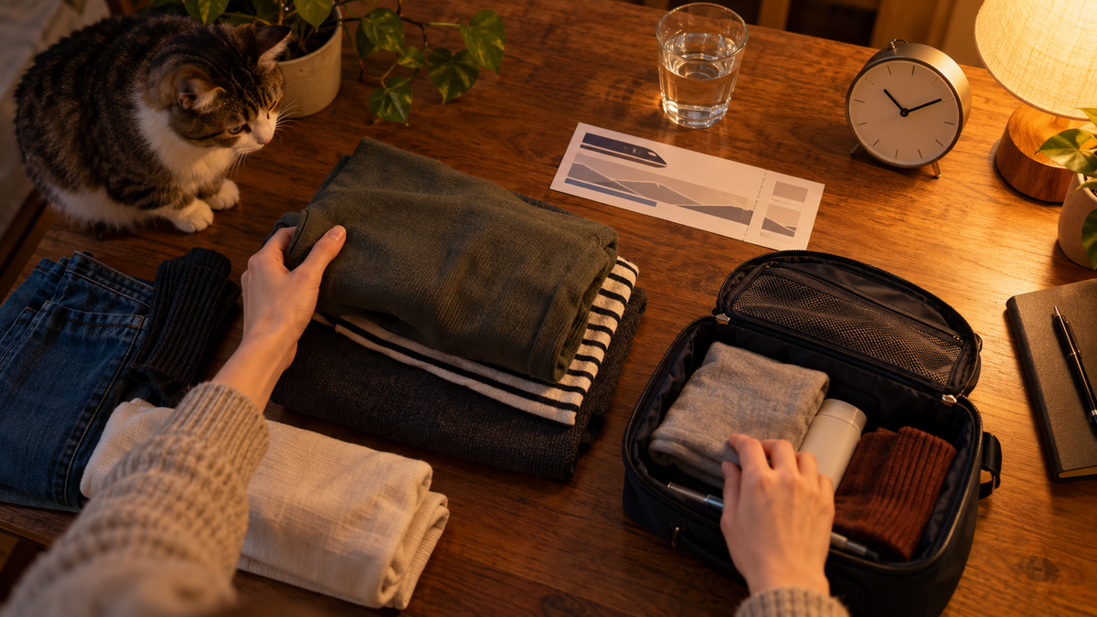 夜のテーブルで、明日着る服をそろえ、かばんに荷物を詰める手元。すみで猫が見ている
