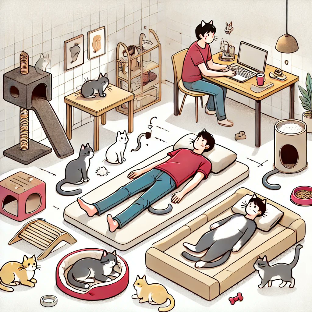 猫のしっぽと耳がついた人が、部屋で横になったり机に向かったりしているイラスト。まわりに猫がたくさんいる