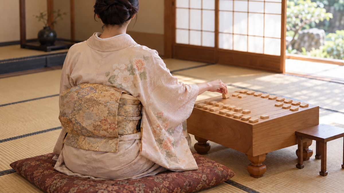 着物姿の女性が将棋盤に向かって駒を指す後ろ姿