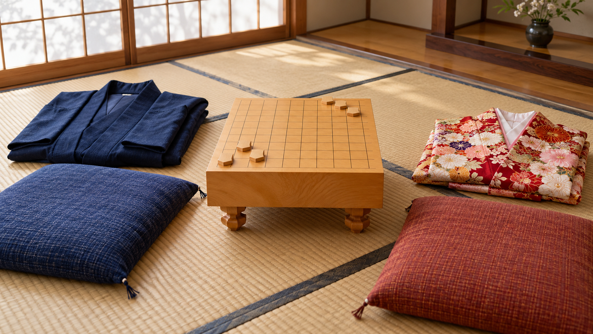 将棋盤をはさんで、紺の羽織とあざやかな着物が置かれた和室