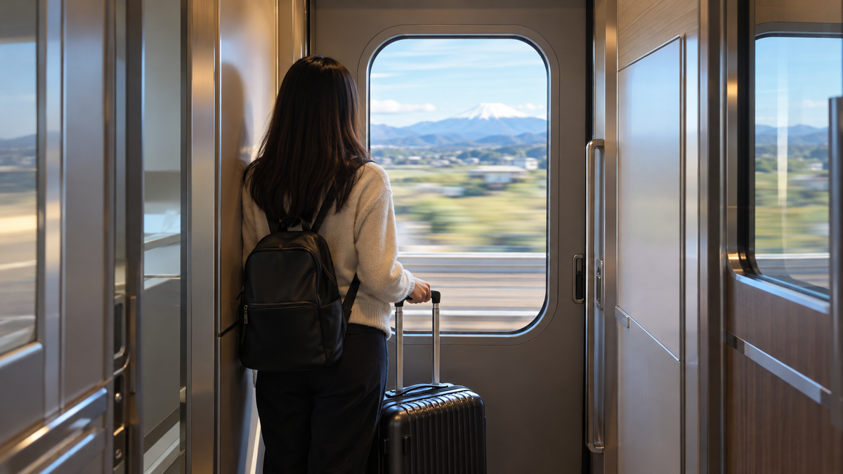 新幹線のデッキで、旅行かばんを持って立つ人の後ろ姿
