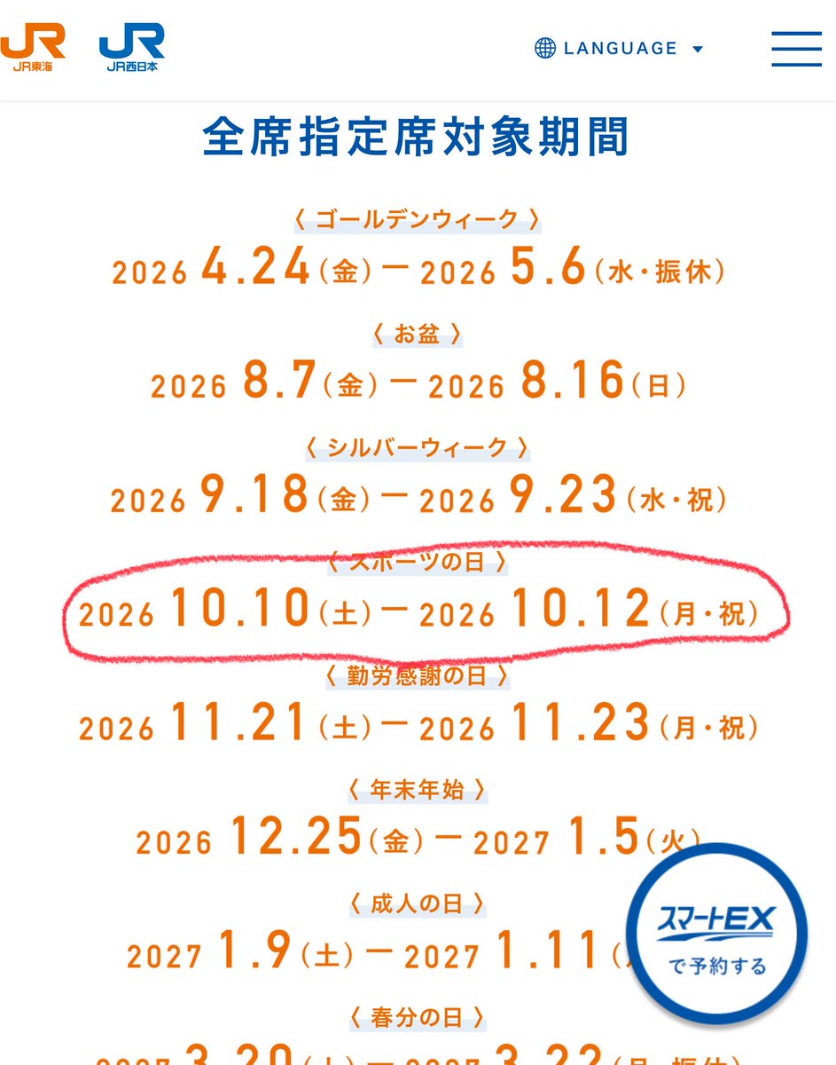 JR東海・JR西日本の案内ページにある全席指定席の対象期間