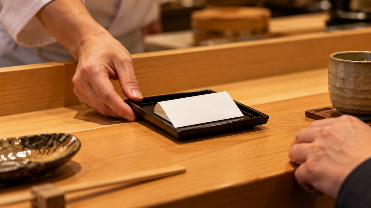 寿司屋のカウンターで、店の人が小さなお盆にのせた伝票を差し出す手元