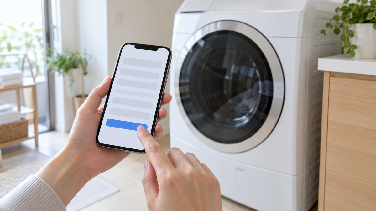 洗濯機の前で、スマートフォンを手に持って申し込みをする手元