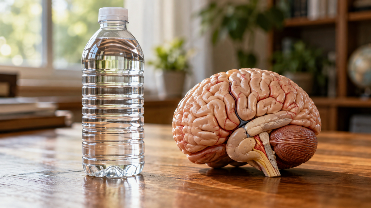 テーブルの上のペットボトルの水と、横に置かれた脳の模型