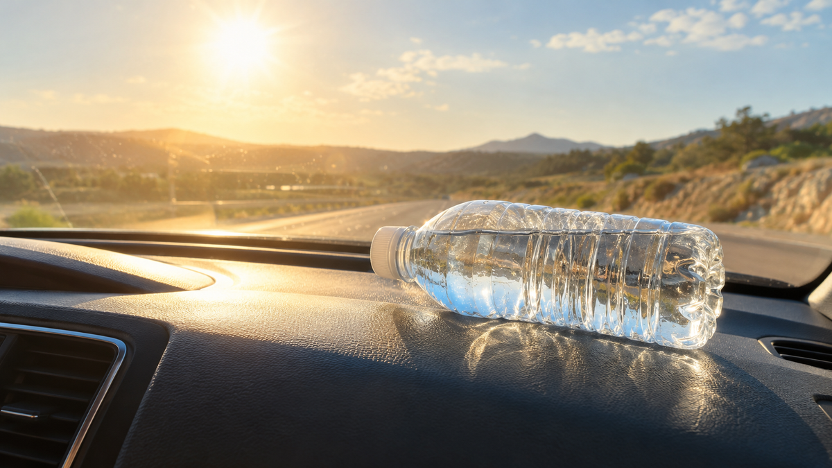 日の当たる車のダッシュボードに置かれたペットボトルの水