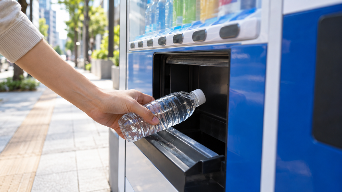 街の自販機の取り出し口から、ラベルのないペットボトルを取り出す手元のイメージ