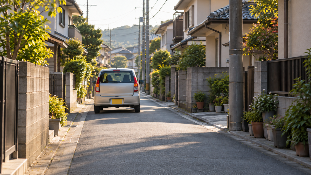 中央線のない住宅街の細い道を走る車