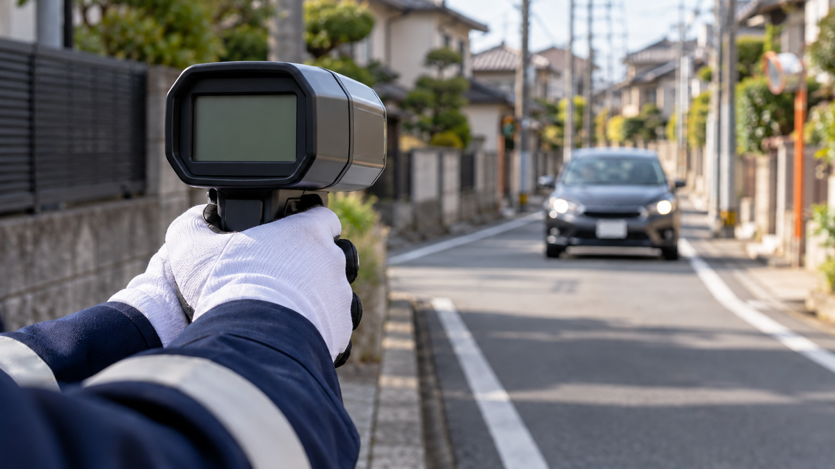住宅街の道で、警察官がスピードを測る機械を持つ手元