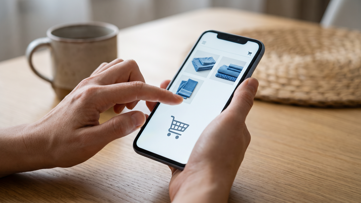 スマホを片手に持ち、もう片方の手で画面にふれて買い物をしている手元