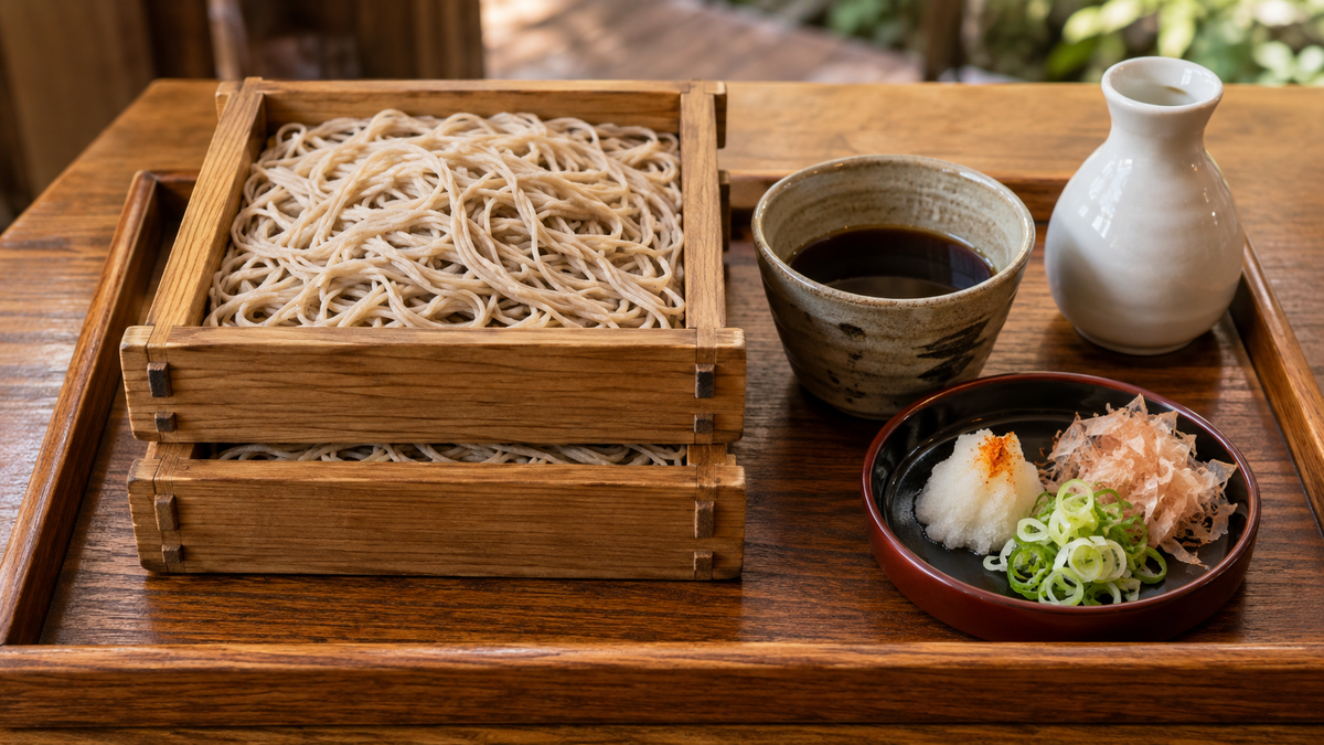 せいろのそばと、つゆ、薬味、白いとっくりがお盆にのっている