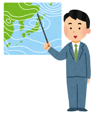 天気図を指して説明する男性の気象予報士のイラスト