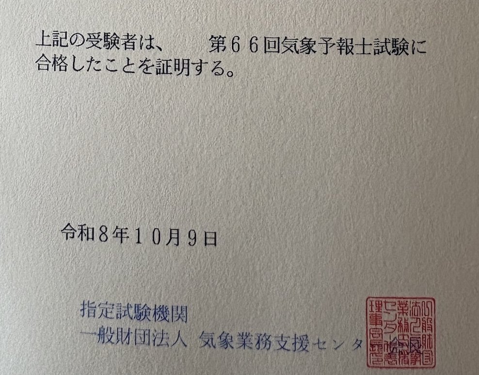 第66回気象予報士試験の合格証明書