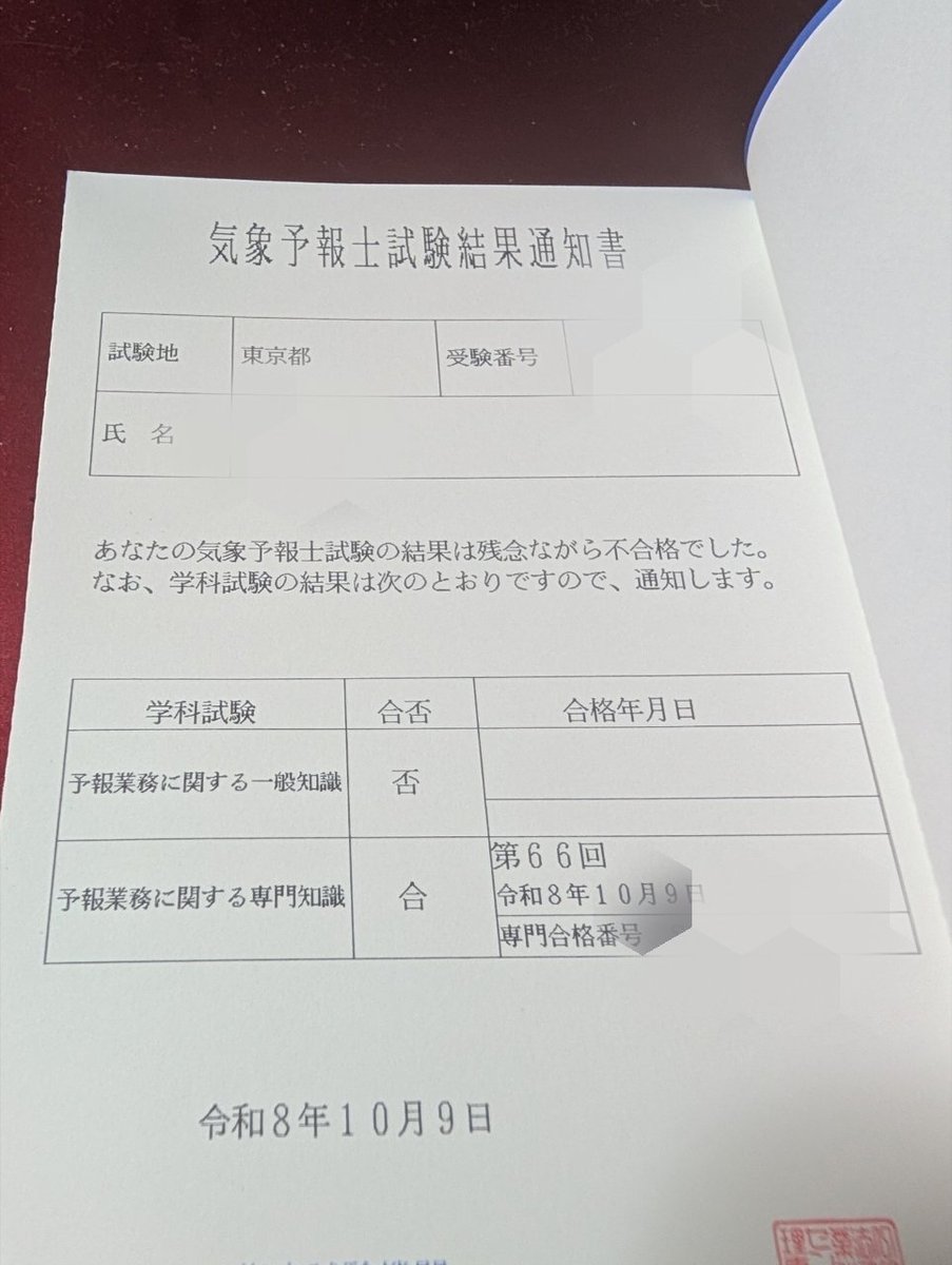 気象予報士試験結果通知書。不合格だが、学科の専門知識は「合」