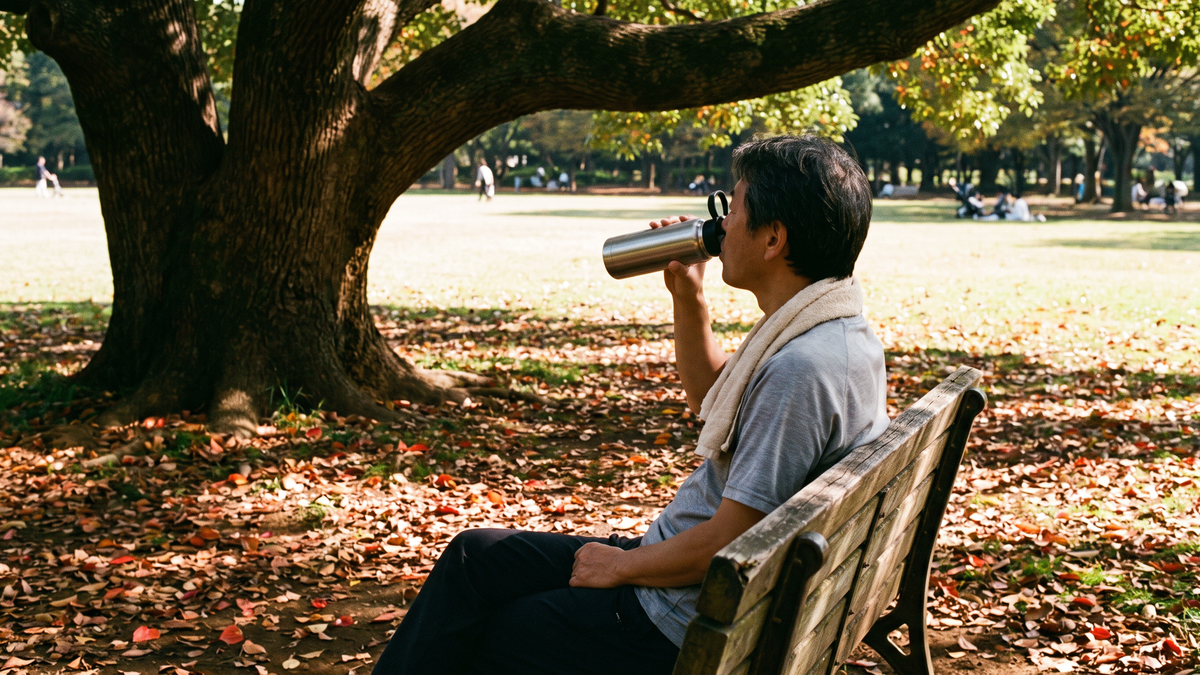 公園のベンチで水筒の水を飲んでひと休みする人