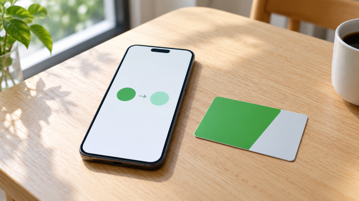 木の机の上に置かれたスマホと、交通系ICカード