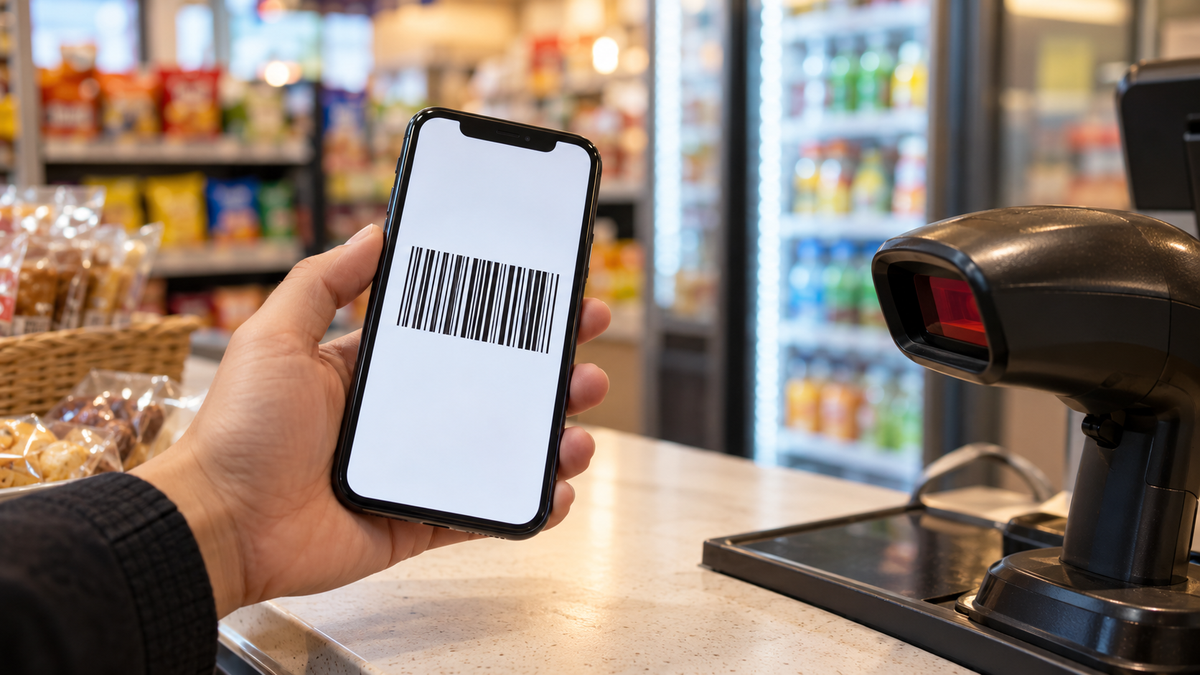 コンビニのレジの前で、バーコードを表示したスマホを持つ手元