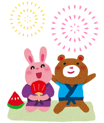 花火を見るウサギとクマのイラスト
