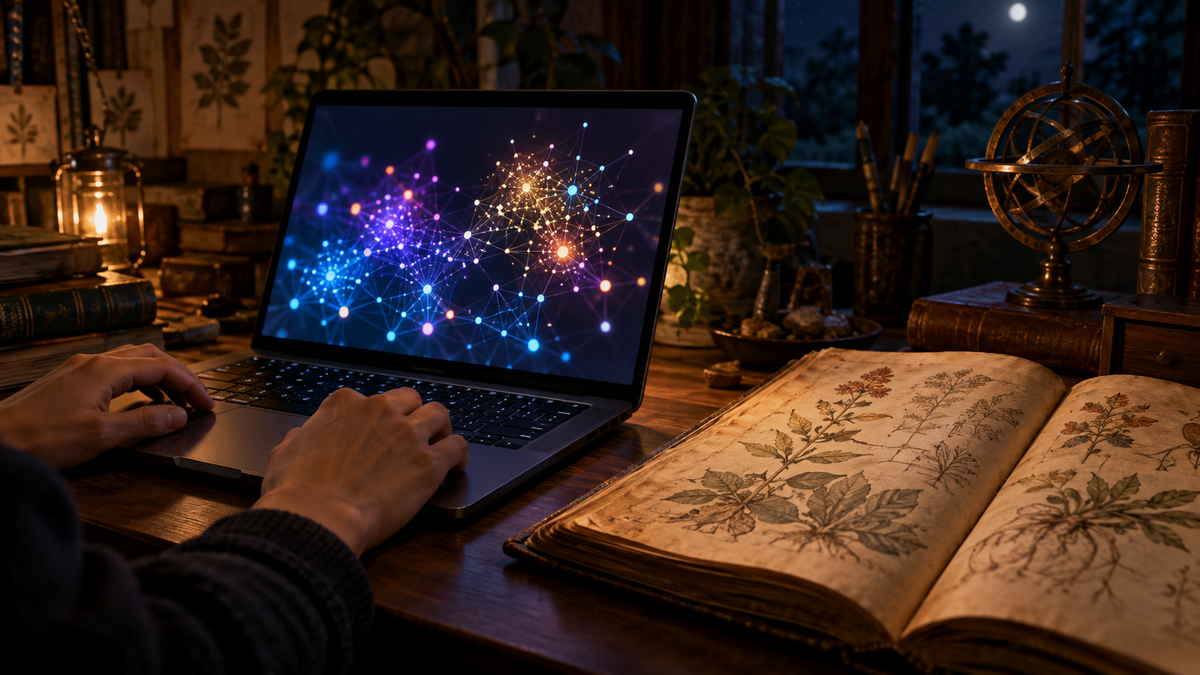 夜の書斎で、ノートパソコンの画面の光が、となりに開いた古い本を照らしている